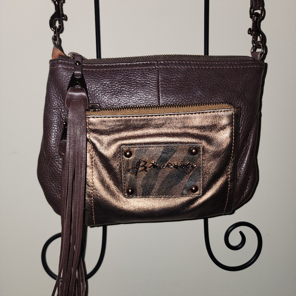 B Makowsky A210581 Bronize Metalic Crossbody Zebra Print Tassels Leather Purse
